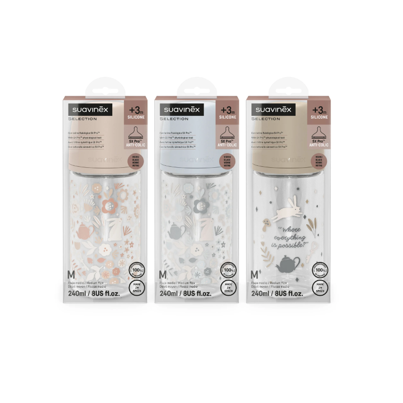 Suavinex Select Wonderland Biberão Tetina Silicone AntiCólica - Vidro -  Médio - 240ml - 3M+