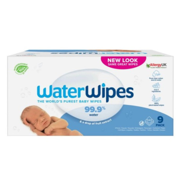 Toallitas húmedas biodegradables Waterwipes para bebés (9 x 60 unidades)